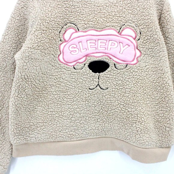 Weekend Edition Sherpa Chunky Sweater Womens Brown Tan Sleepy Bear Face L - Picture 3 of 9